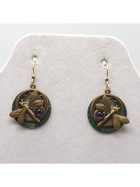 Dragonfly Pendant Earrings With Amethyst Accents In Antique Brass Patina Finish